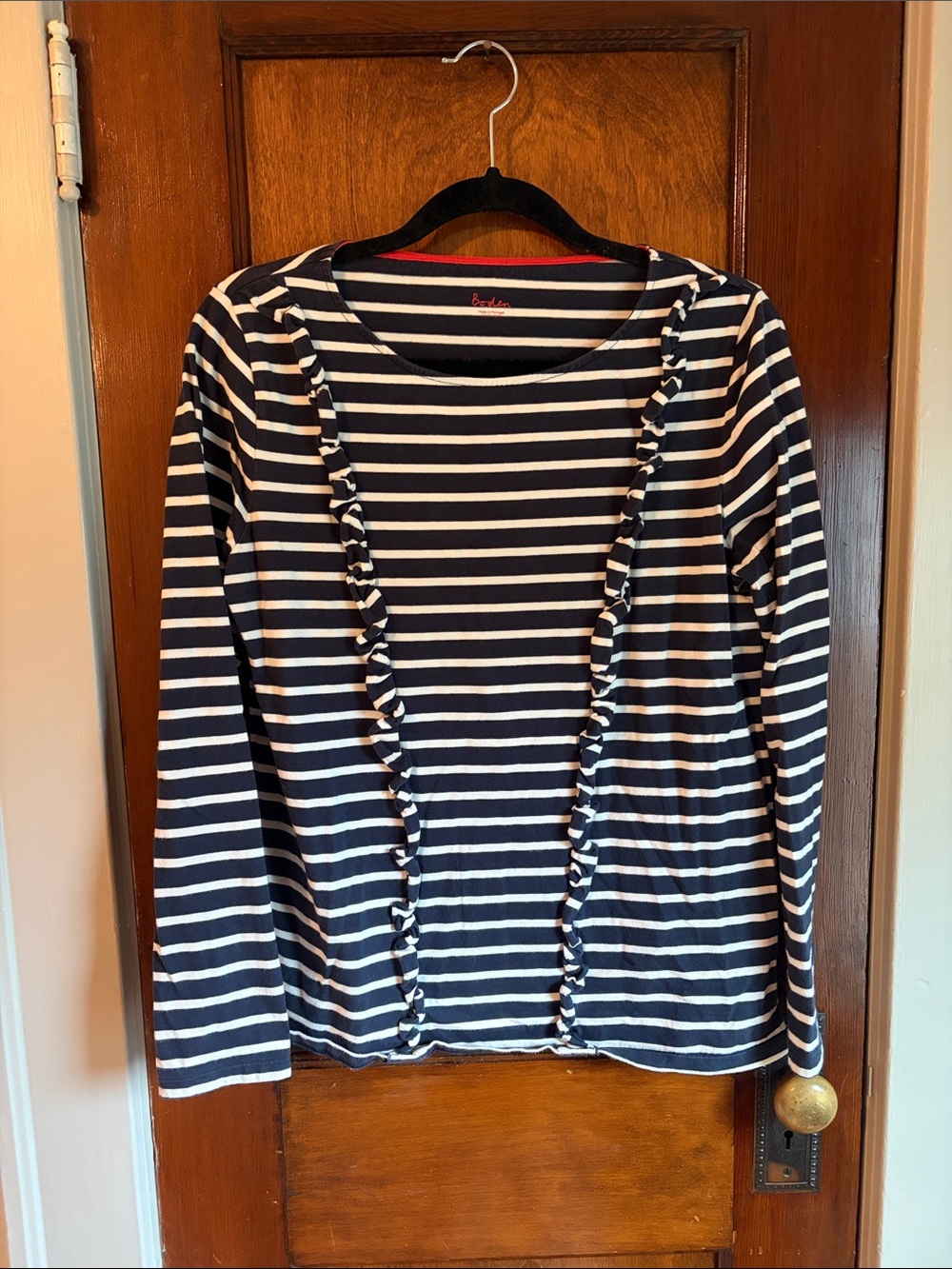 Boden Navy and White Striped Long Sleeve Ruffle-Trim Top